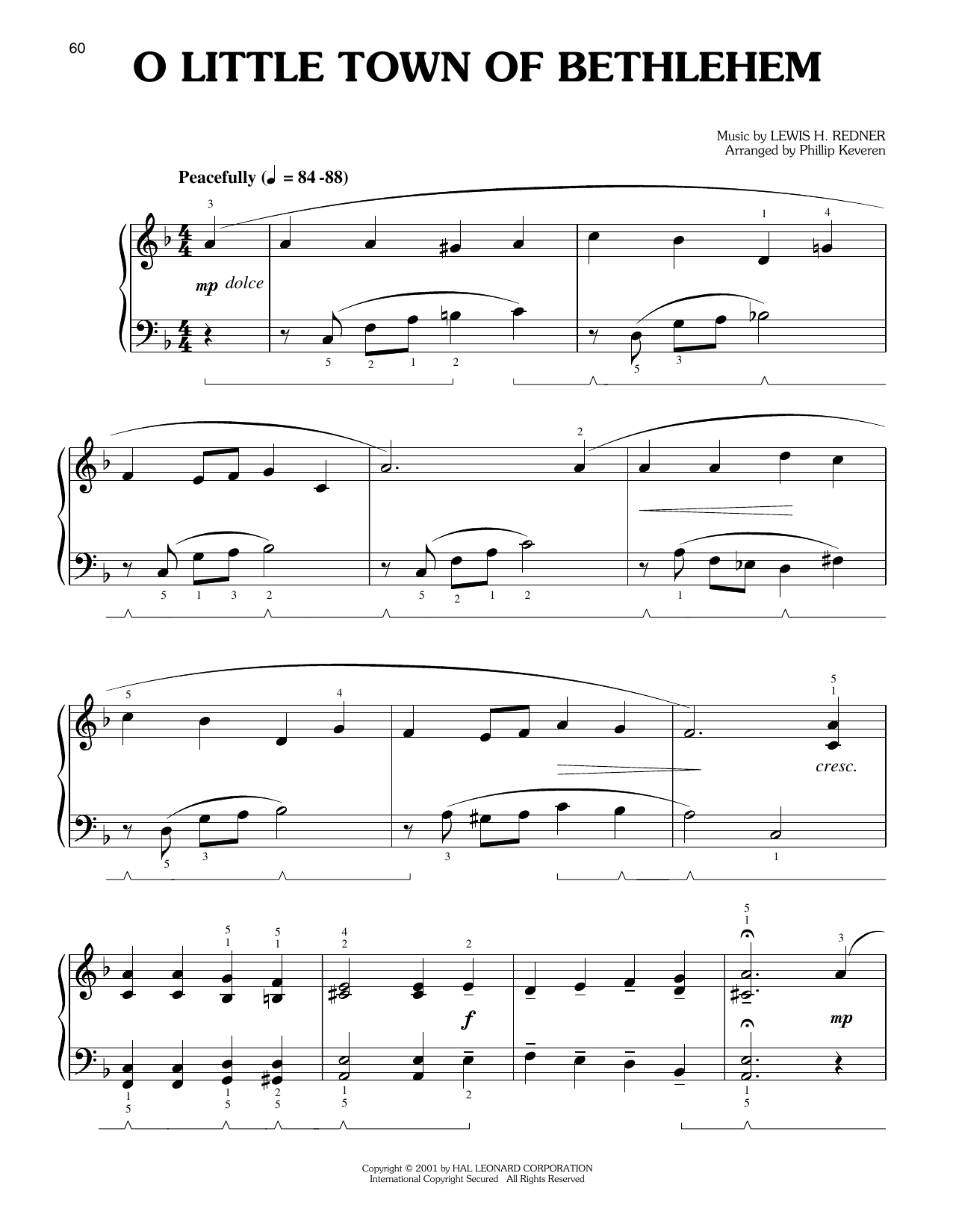 Lewis H. Redner O Little Town Of Bethlehem (arr. Phillip Keveren) sheet music notes and chords arranged for Easy Piano