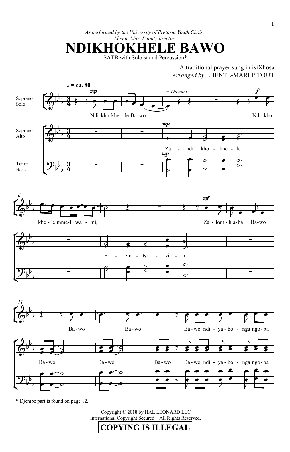 Lhente-Mari Pitout Ndikhokhele Bawo sheet music notes and chords arranged for SATB Choir