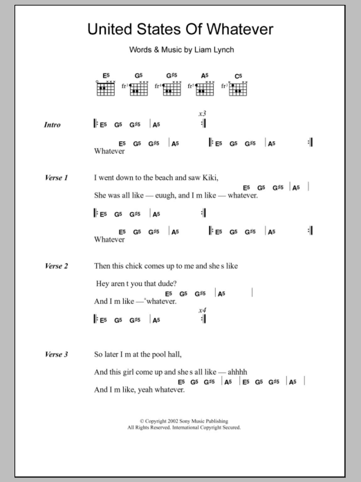 Liam Lynch United States Of Whatever sheet music notes and chords arranged for Guitar Chords/Lyrics