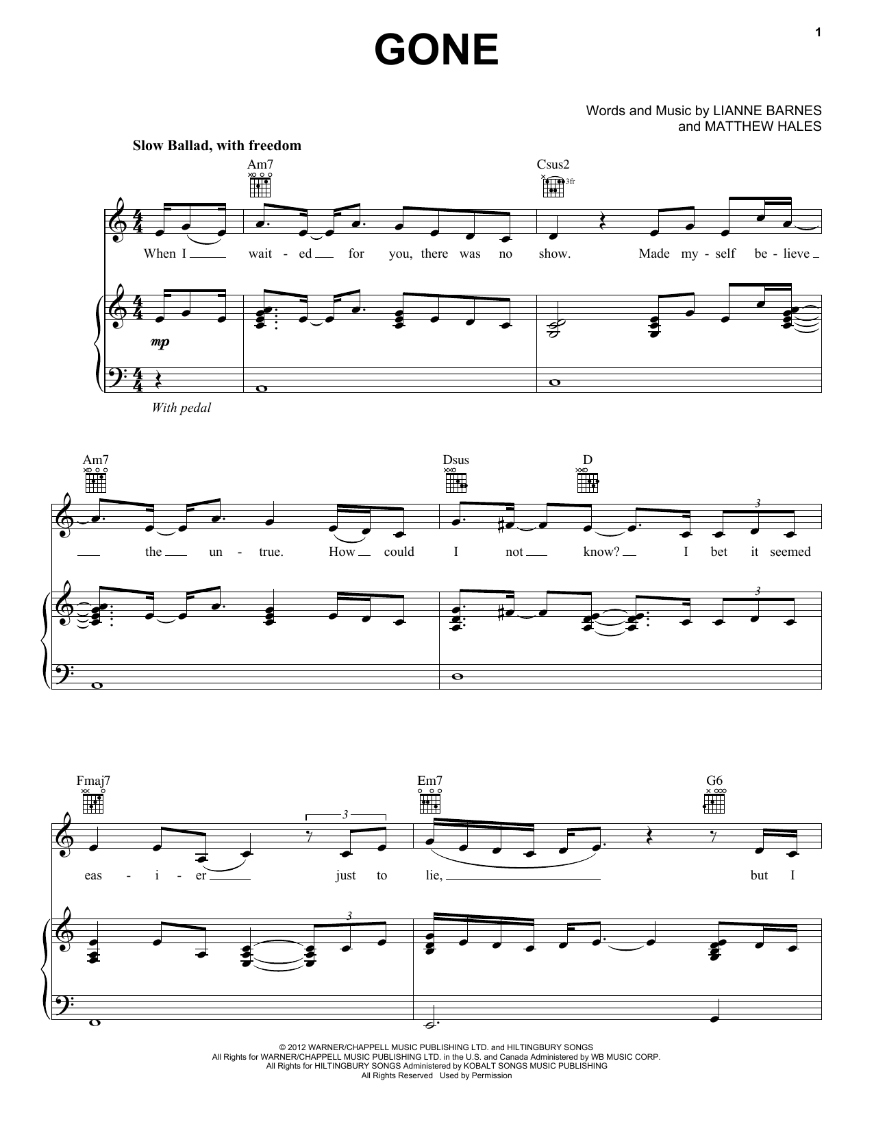 Lianne La Havas Gone sheet music notes and chords arranged for Piano, Vocal & Guitar Chords (Right-Hand Melody)