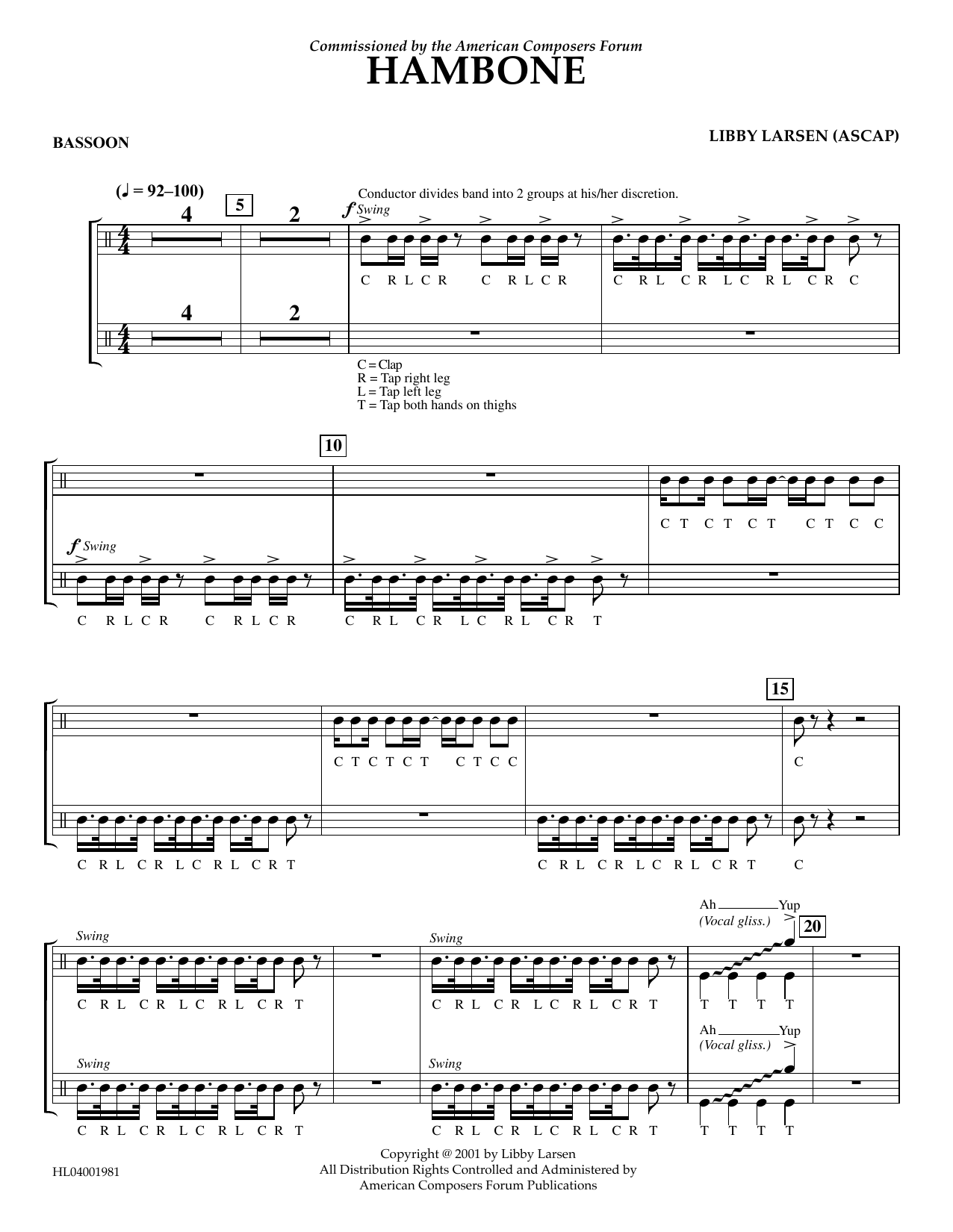 Libby Larsen Hambone - Bassoon sheet music notes and chords arranged for Concert Band