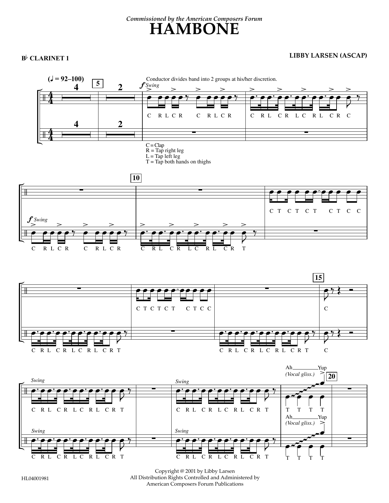 Libby Larsen Hambone - Bb Clarinet 1 sheet music notes and chords arranged for Concert Band