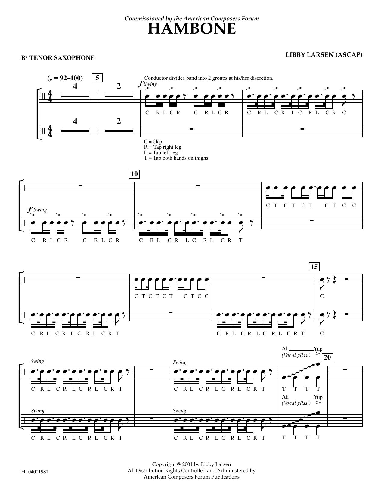 Libby Larsen Hambone - Bb Tenor Saxophone sheet music notes and chords arranged for Concert Band