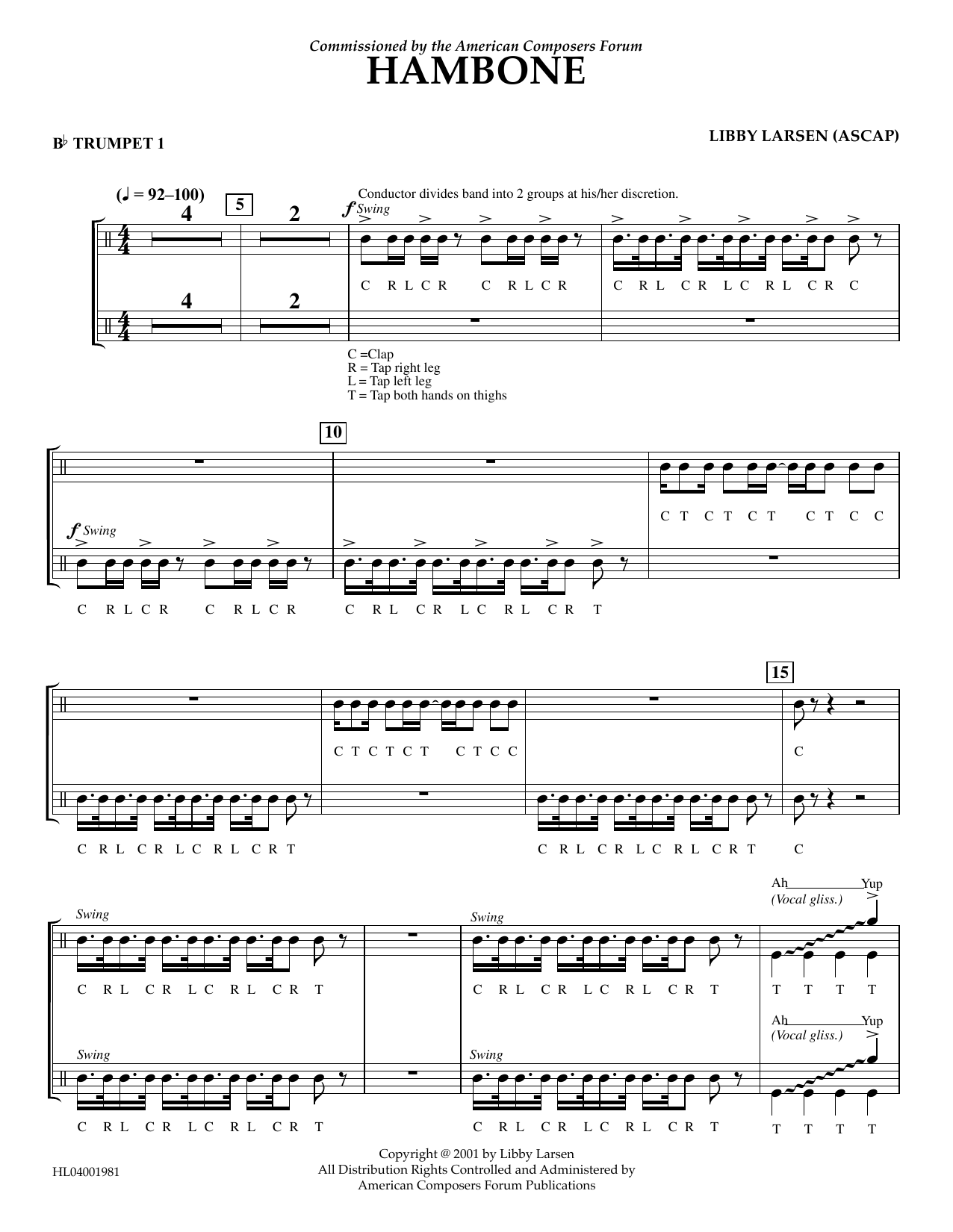 Libby Larsen Hambone - Bb Trumpet 1 sheet music notes and chords arranged for Concert Band