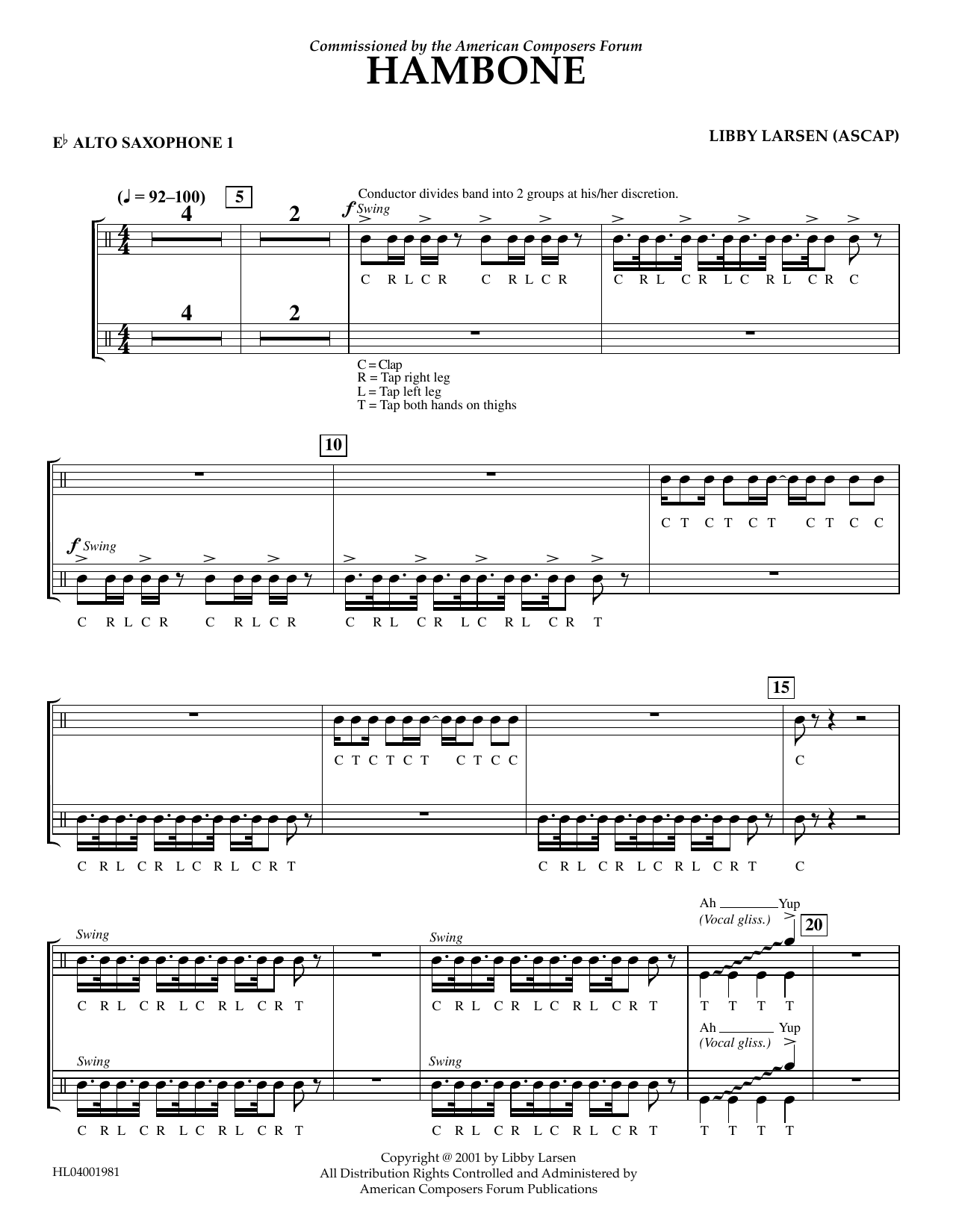 Libby Larsen Hambone - Eb Alto Sax 1 sheet music notes and chords arranged for Concert Band