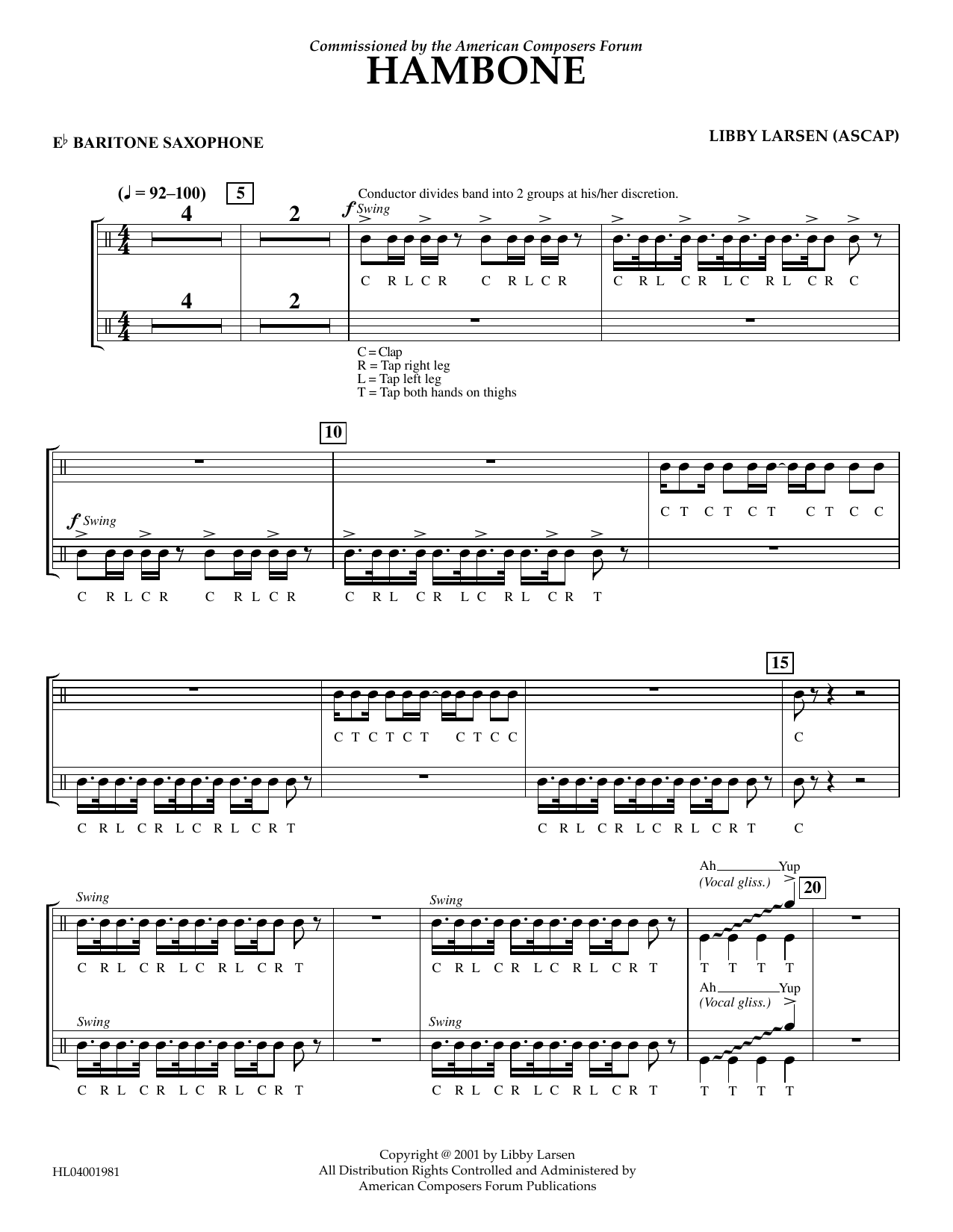 Libby Larsen Hambone - Eb Baritone Saxophone sheet music notes and chords arranged for Concert Band