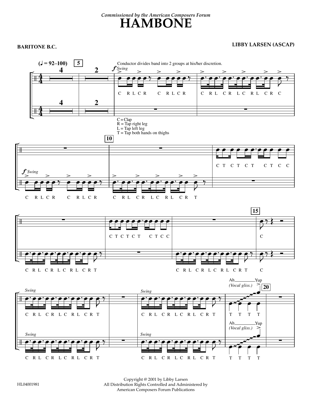 Libby Larsen Hambone - Euphonium in Bass Clef sheet music notes and chords arranged for Concert Band
