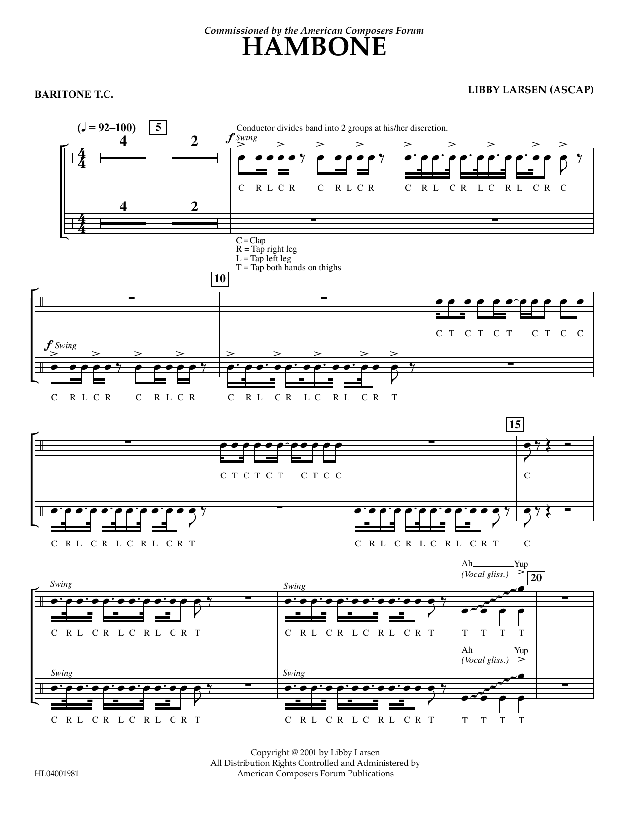 Libby Larsen Hambone - Euphonium in Treble Clef sheet music notes and chords arranged for Concert Band