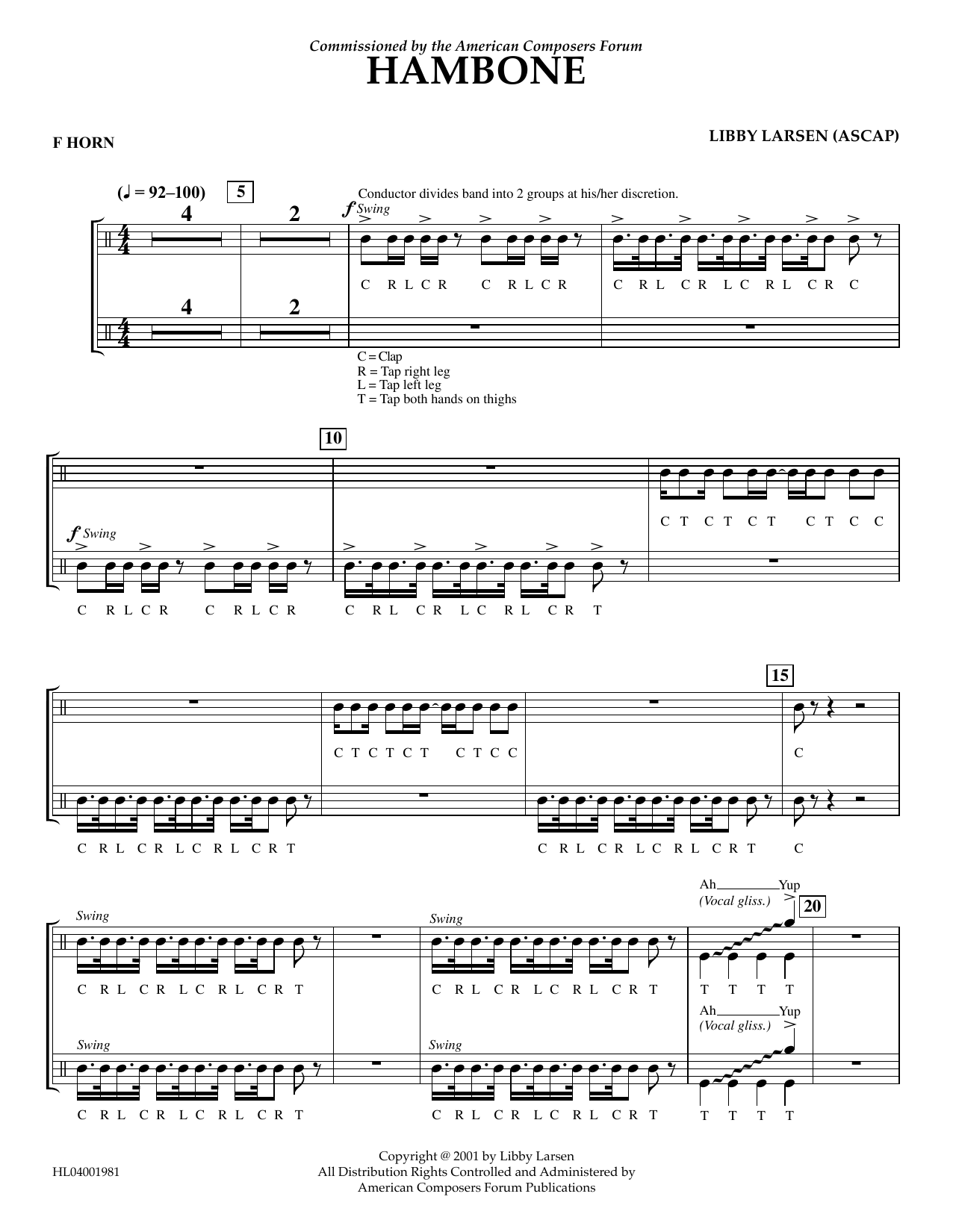 Libby Larsen Hambone - F Horn sheet music notes and chords arranged for Concert Band