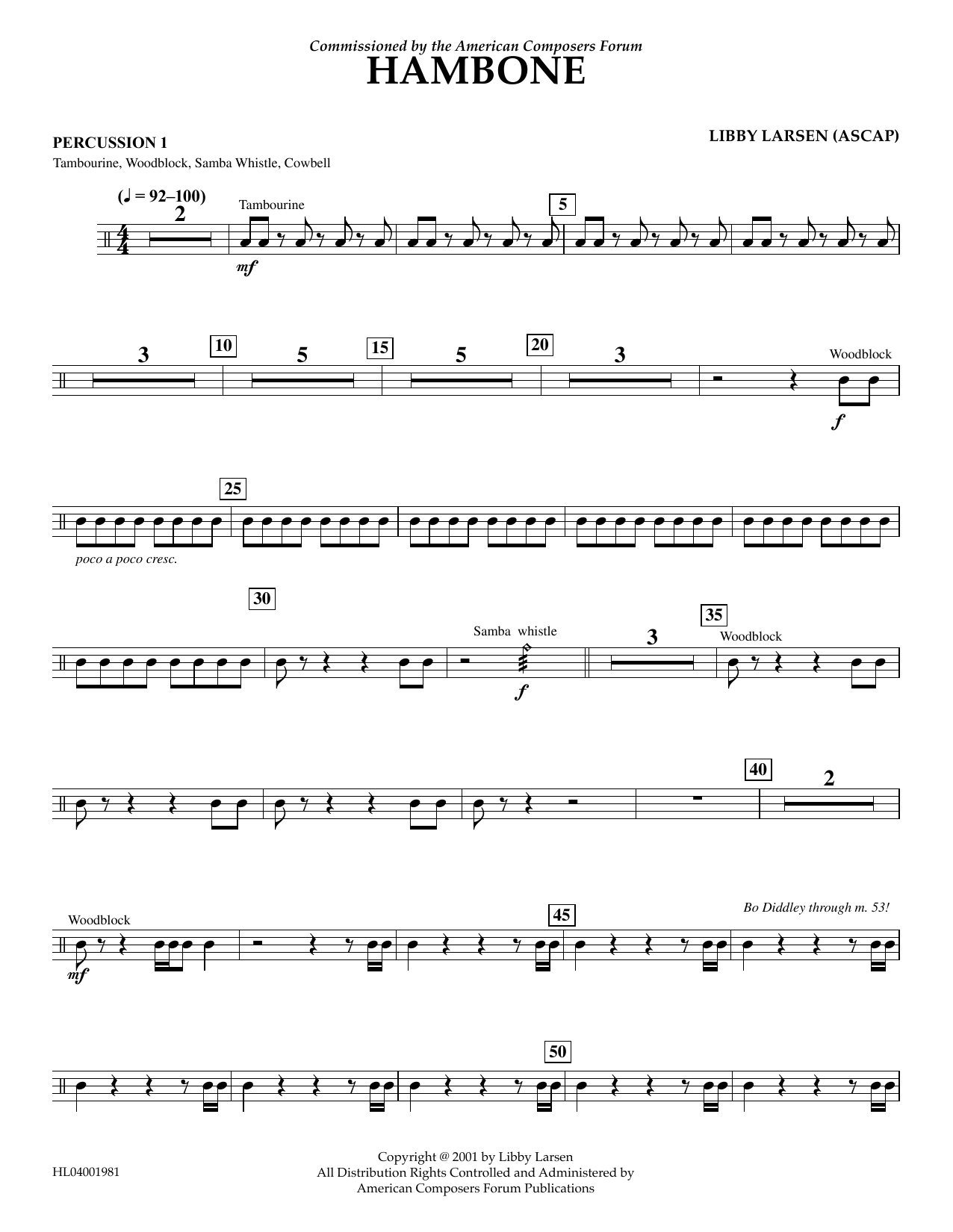 Libby Larsen Hambone - Percussion 1 sheet music notes and chords arranged for Concert Band