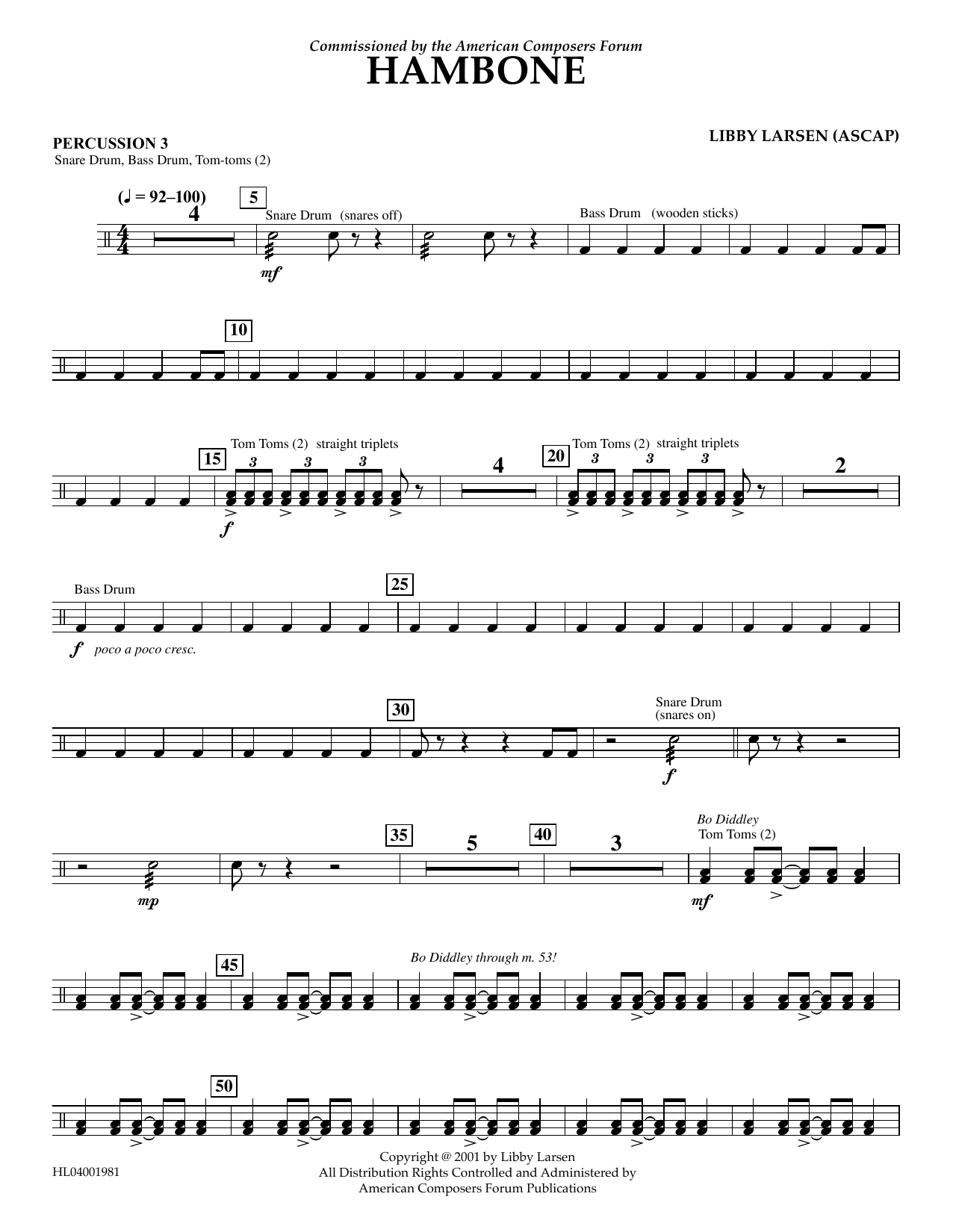 Libby Larsen Hambone - Percussion 3 sheet music notes and chords arranged for Concert Band