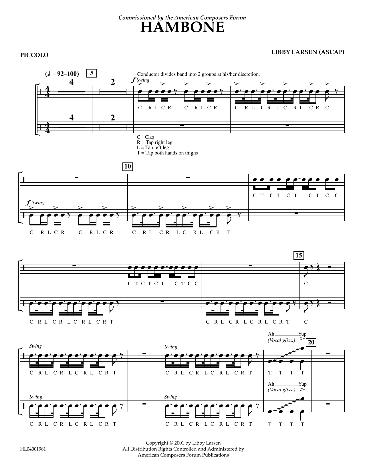 Libby Larsen Hambone - Piccolo sheet music notes and chords arranged for Concert Band