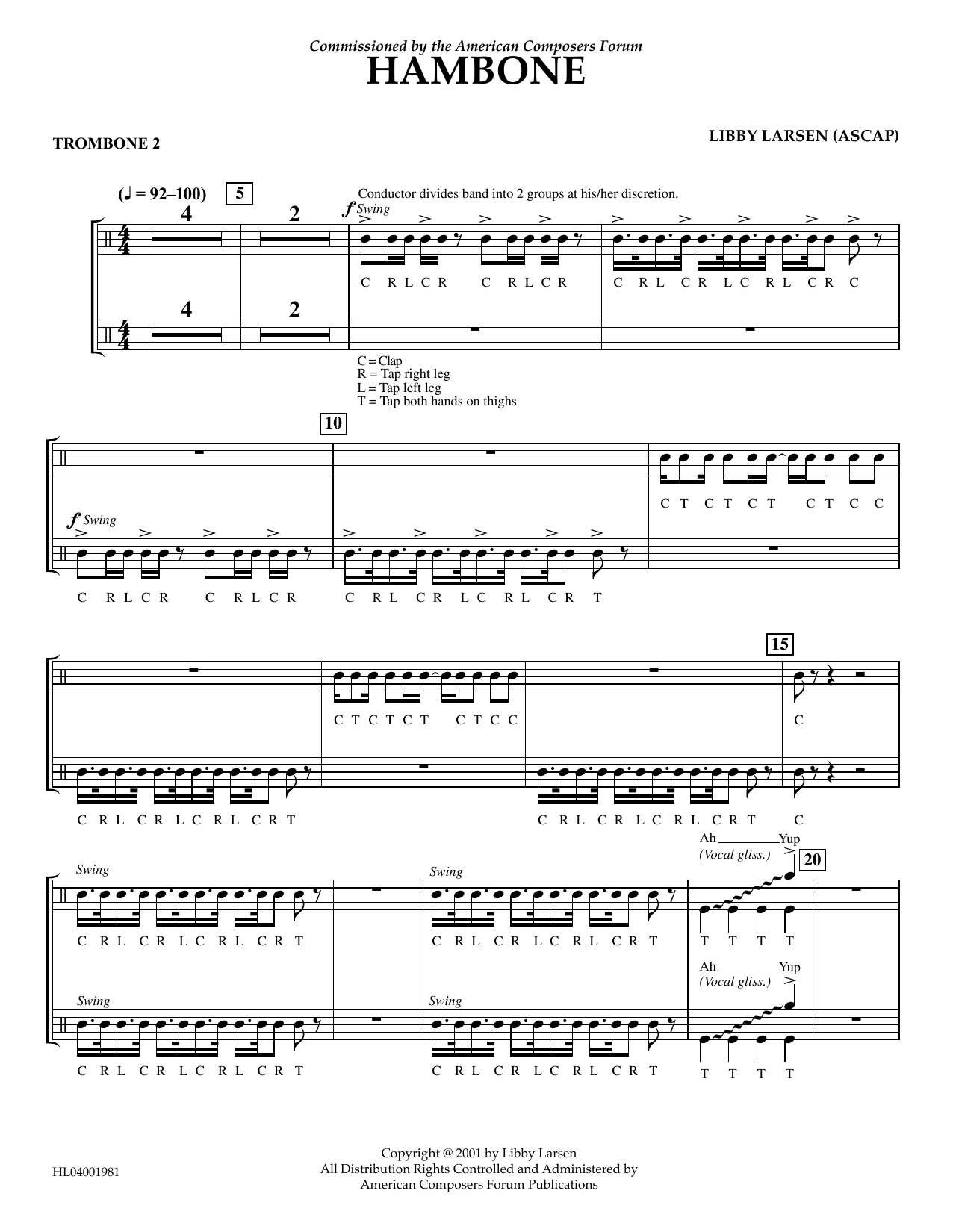 Libby Larsen Hambone - Trombone 2 sheet music notes and chords arranged for Concert Band