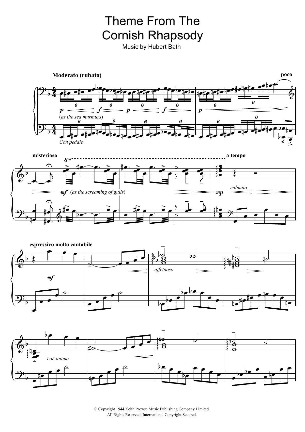 Liberace Cornish Rhapsody sheet music notes and chords arranged for Piano Solo