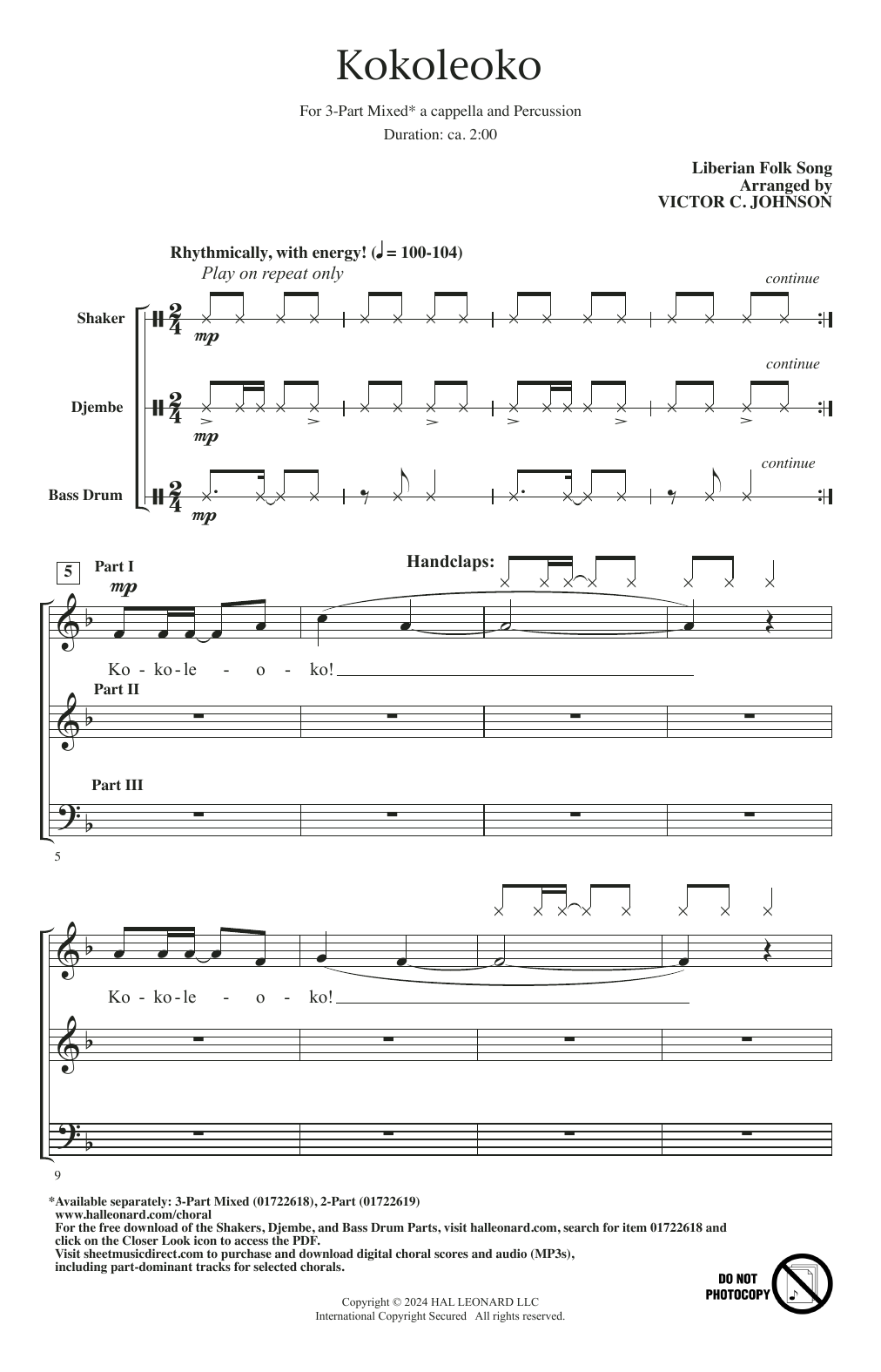 Liberian Folk Song Kokoleoko (arr. Victor Johnson) sheet music notes and chords arranged for 3-Part Mixed Choir