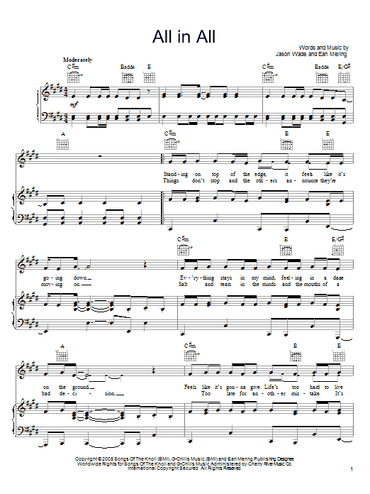 Lifehouse All In All sheet music notes and chords arranged for Piano, Vocal & Guitar Chords (Right-Hand Melody)