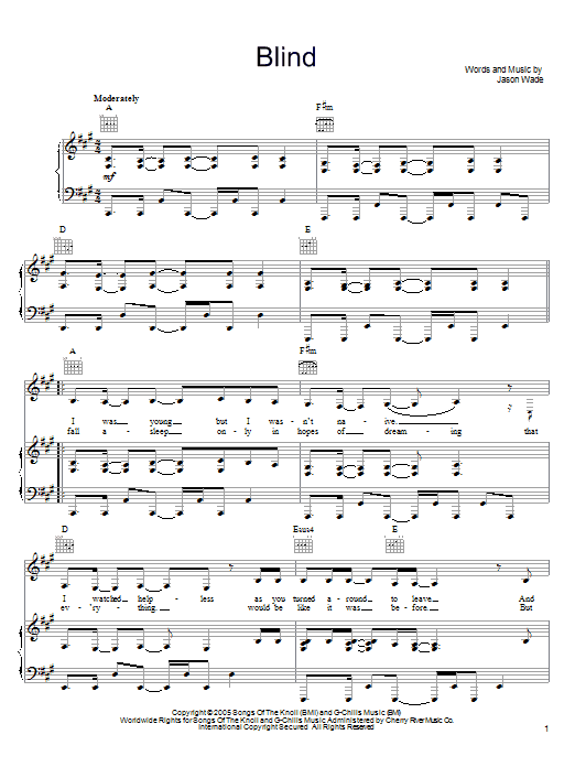 Lifehouse Blind sheet music notes and chords arranged for Piano, Vocal & Guitar Chords (Right-Hand Melody)