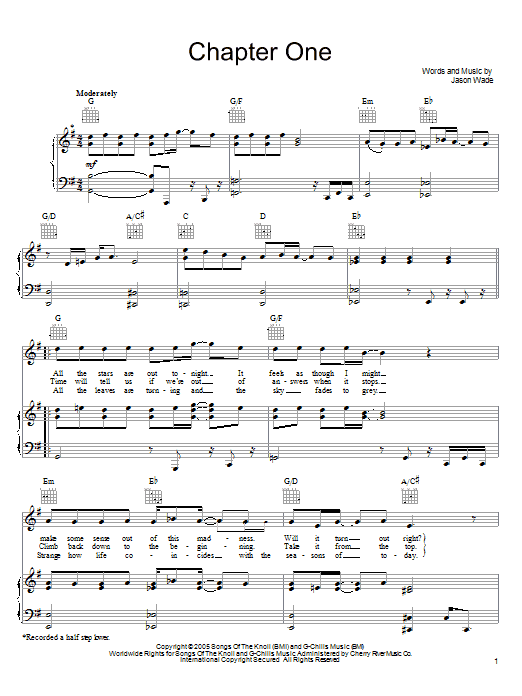 Lifehouse Chapter One sheet music notes and chords arranged for Piano, Vocal & Guitar Chords (Right-Hand Melody)