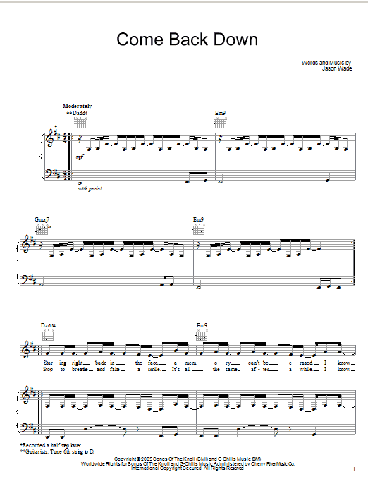 Lifehouse Come Back Down sheet music notes and chords arranged for Piano, Vocal & Guitar Chords (Right-Hand Melody)