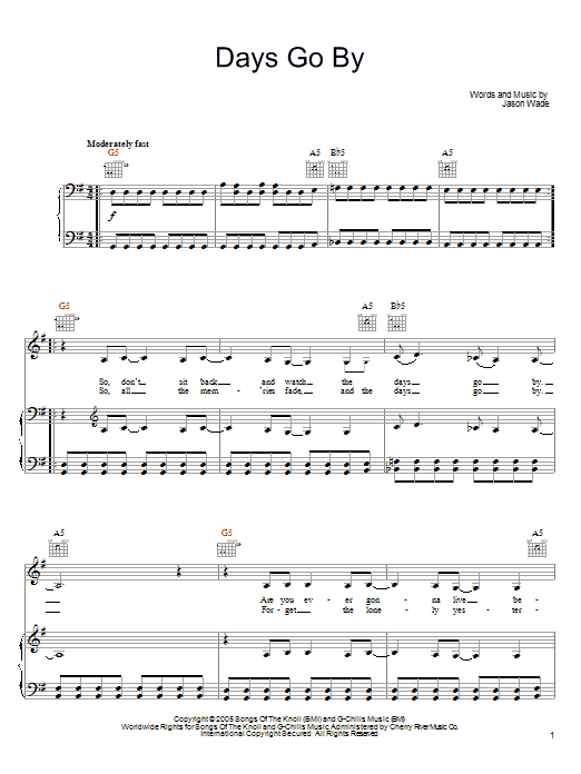 Lifehouse Days Go By sheet music notes and chords arranged for Piano, Vocal & Guitar Chords (Right-Hand Melody)