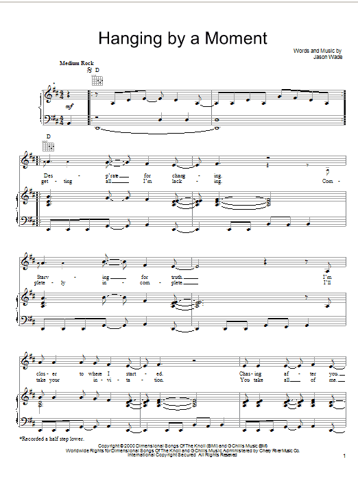 Lifehouse Hanging By A Moment sheet music notes and chords arranged for Piano, Vocal & Guitar Chords (Right-Hand Melody)