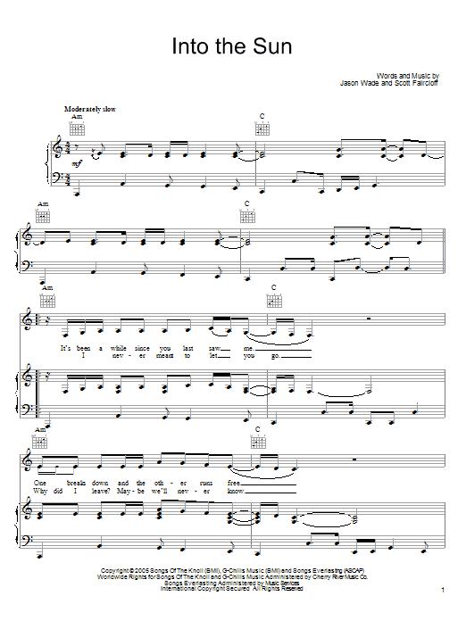 Lifehouse Into The Sun sheet music notes and chords arranged for Piano, Vocal & Guitar Chords (Right-Hand Melody)