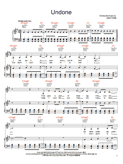 Lifehouse Undone sheet music notes and chords arranged for Piano, Vocal & Guitar Chords (Right-Hand Melody)