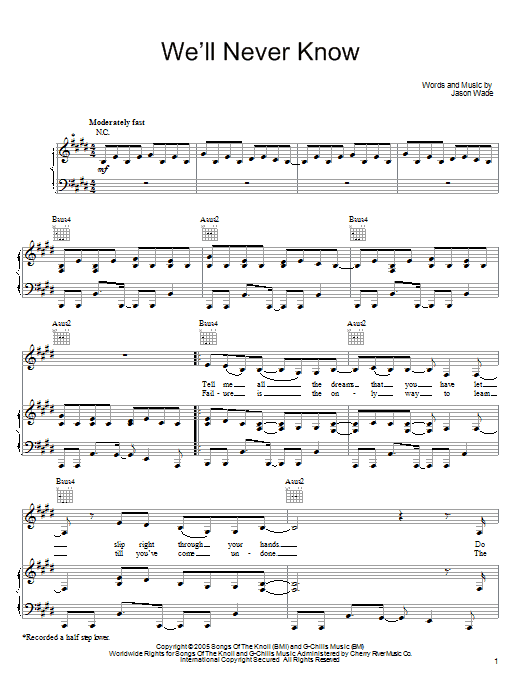 Lifehouse We'll Never Know sheet music notes and chords arranged for Piano, Vocal & Guitar Chords (Right-Hand Melody)