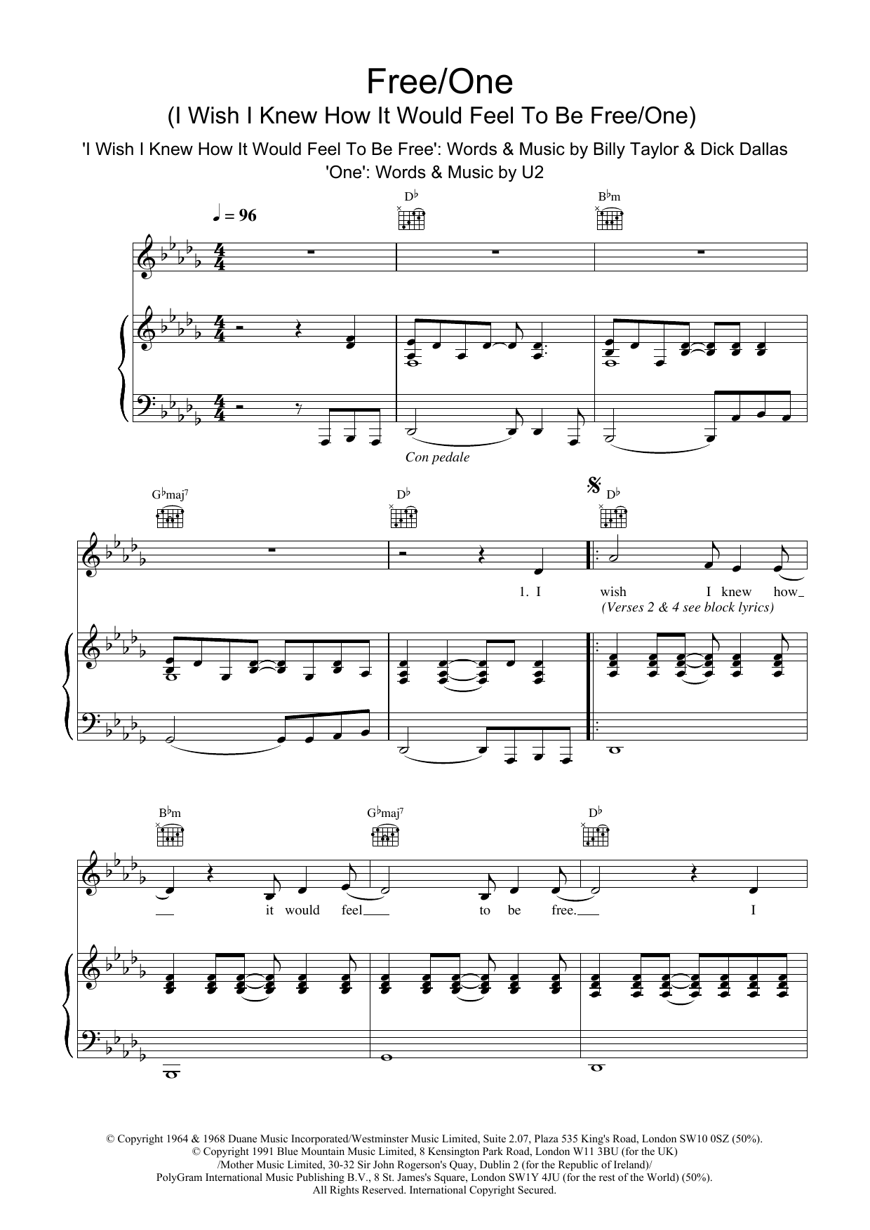 Lighthouse Family Free/One (I Wish I Knew How It Would Feel To Be and One) sheet music notes and chords arranged for Piano, Vocal & Guitar Chords