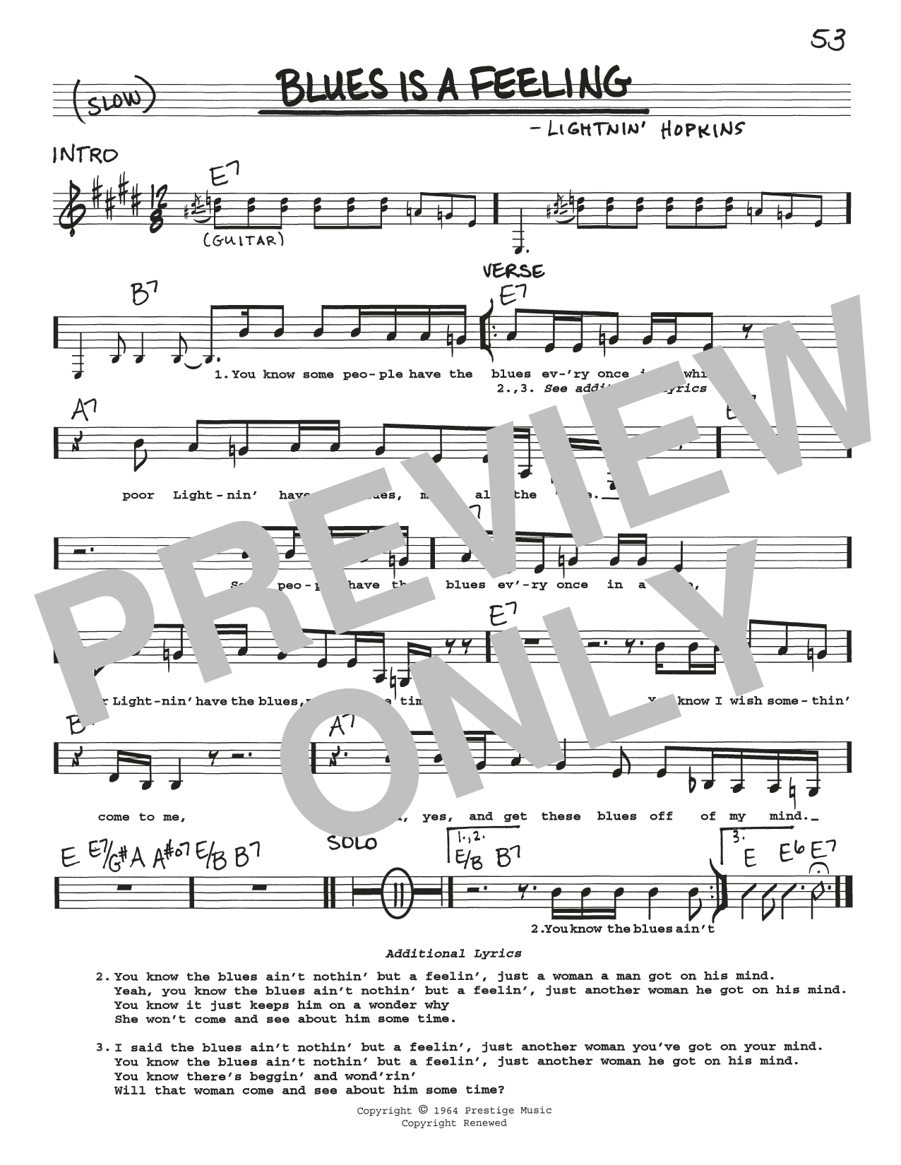 Lightnin' Hopkins Blues Is A Feeling sheet music notes and chords arranged for Real Book – Melody, Lyrics & Chords