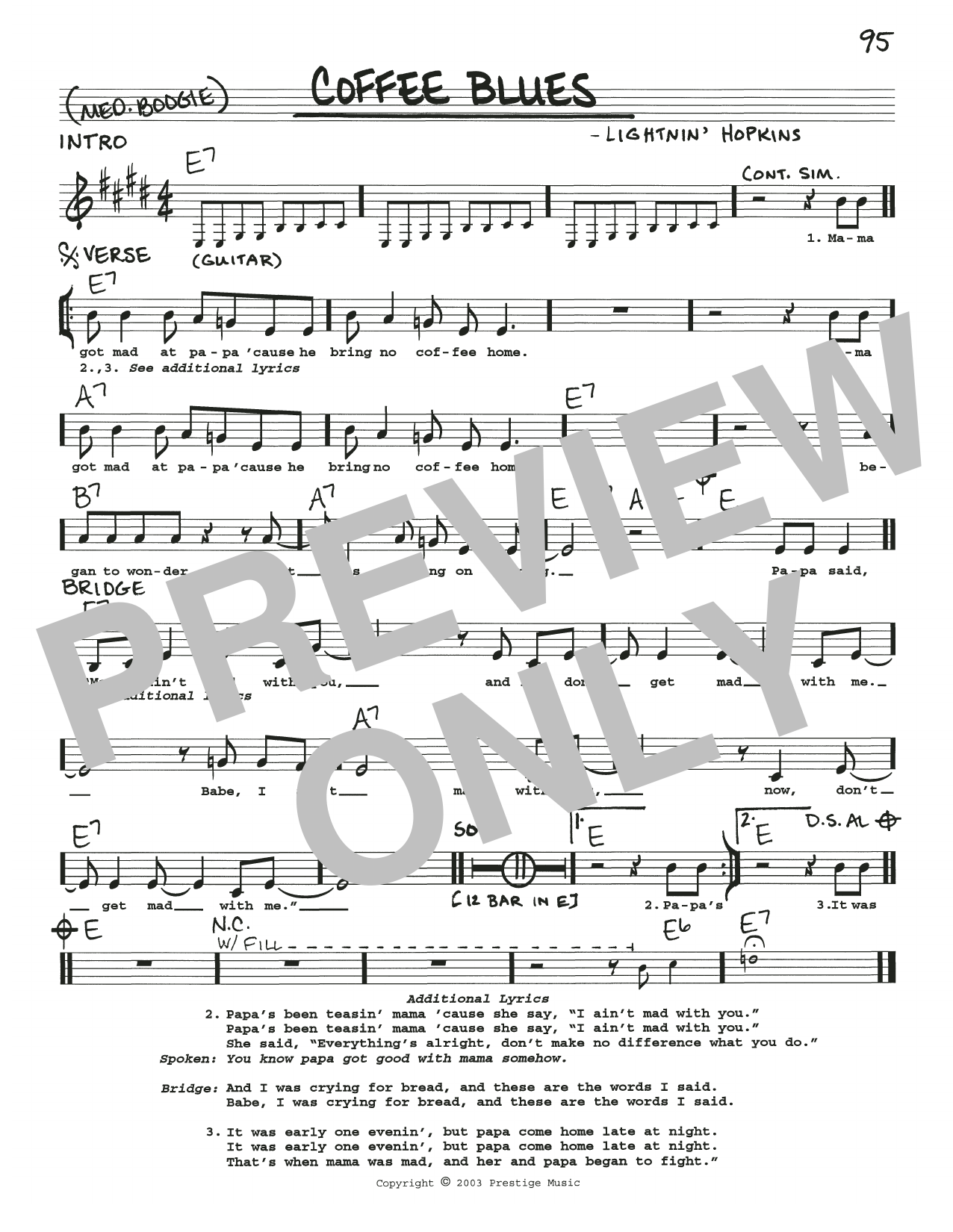 Lightnin' Hopkins Coffee Blues sheet music notes and chords arranged for Real Book – Melody, Lyrics & Chords