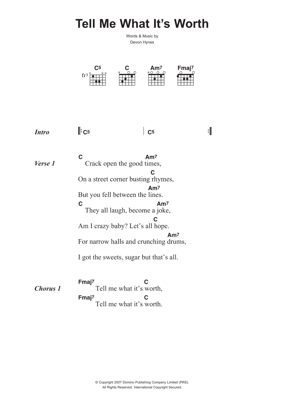 Lightspeed Champion Tell Me What It's Worth sheet music notes and chords arranged for Guitar Chords/Lyrics