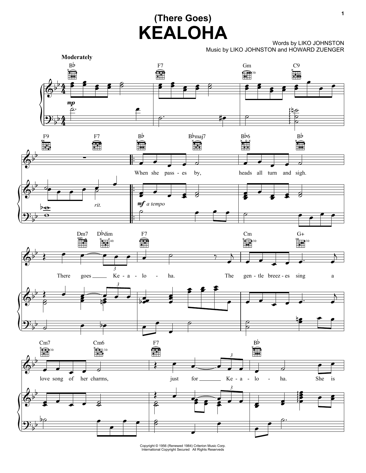 Liko Johnston Kealoha (There Goes) sheet music notes and chords arranged for Piano, Vocal & Guitar Chords (Right-Hand Melody)