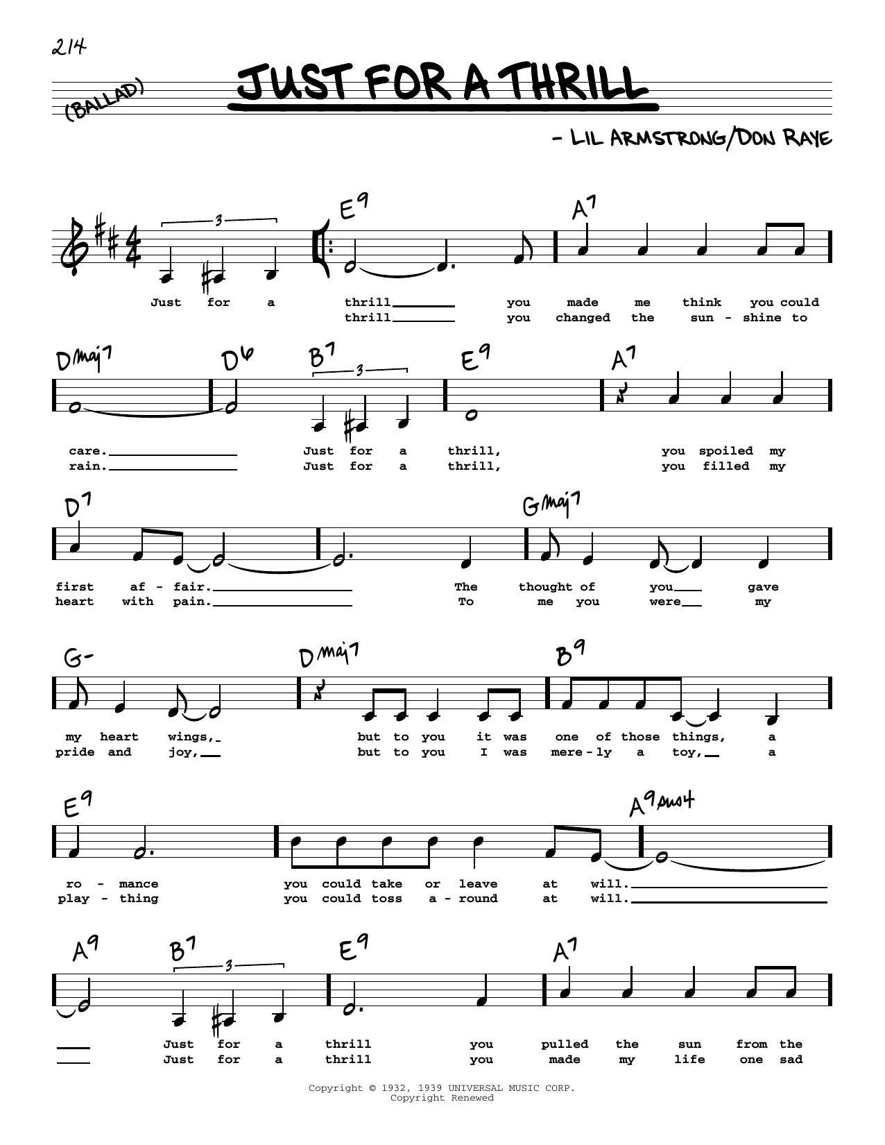Lil Armstrong Just For A Thrill (Low Voice) sheet music notes and chords arranged for Real Book – Melody, Lyrics & Chords