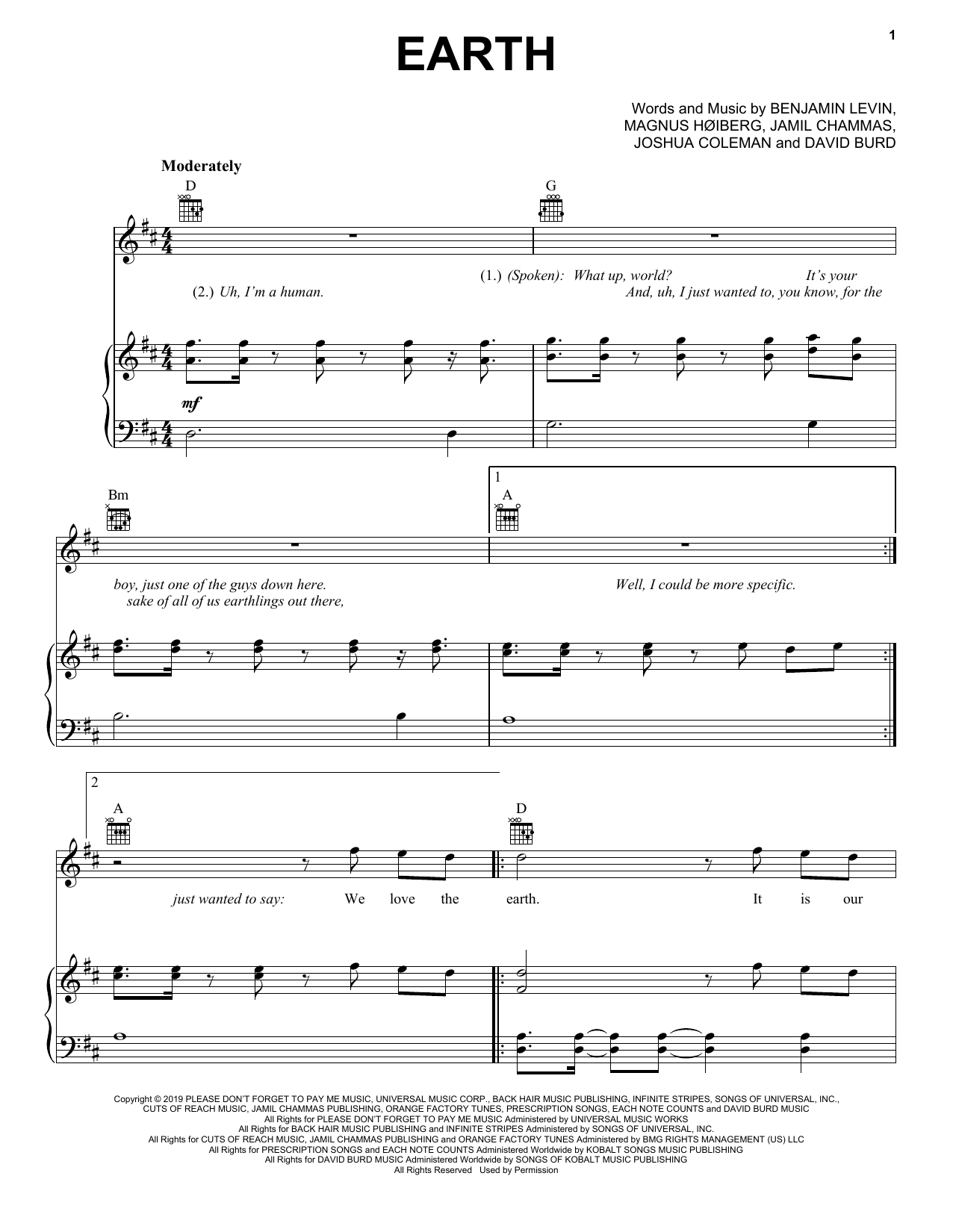 Lil Dicky Earth sheet music notes and chords arranged for Piano, Vocal & Guitar Chords (Right-Hand Melody)