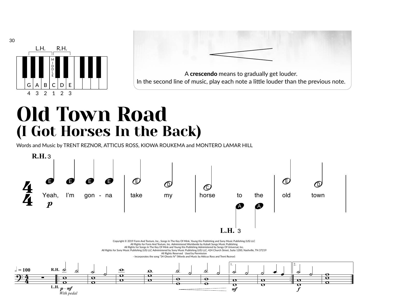 Lil Nas X feat. Billy Ray Cyrus Old Town Road (I Got The Horses In The Back) (arr. Brittany McCorriston) sheet music notes and chords arranged for Very Beginner Piano