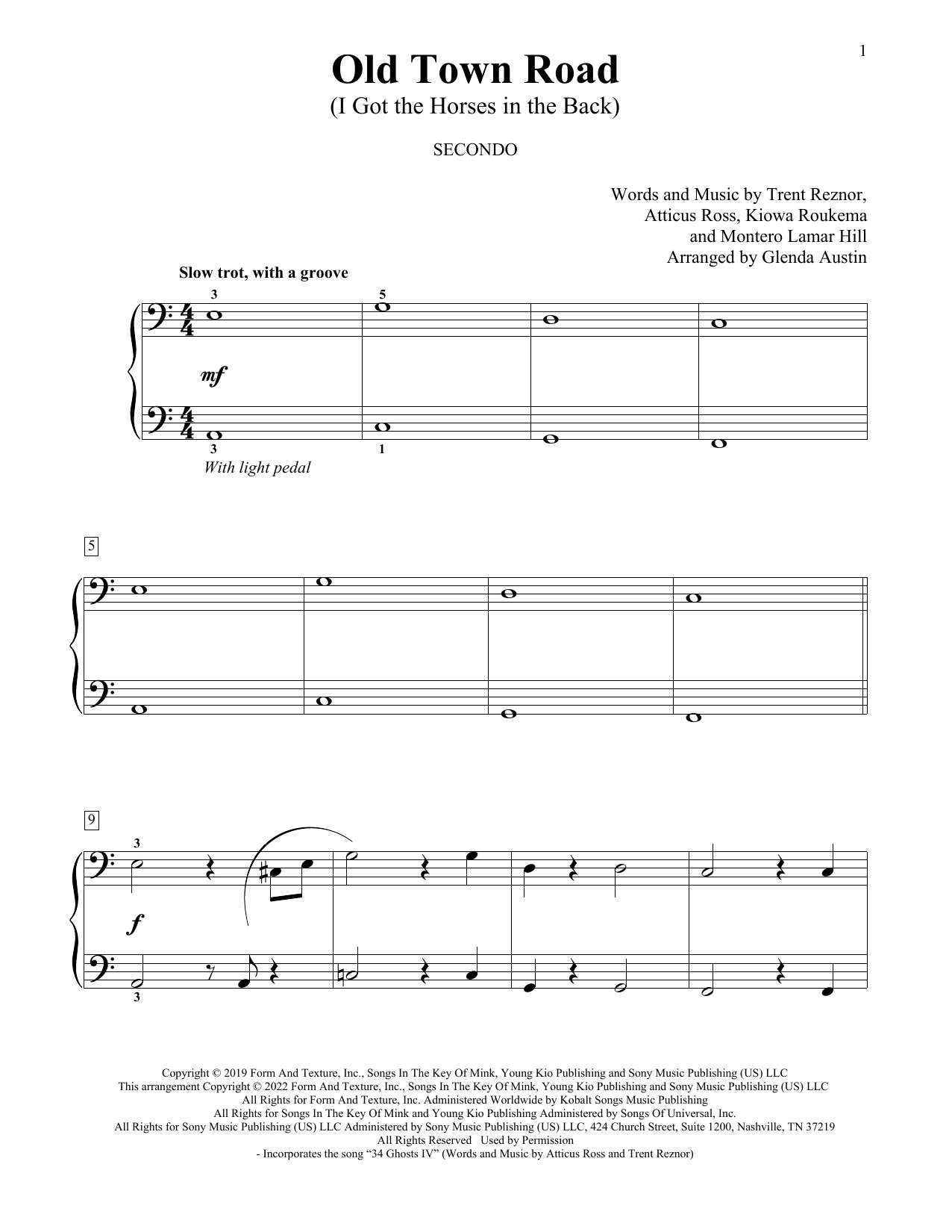 Lil Nas X feat. Billy Ray Cyrus Old Town Road (I Got The Horses In The Back) (arr. Glenda Austin) sheet music notes and chords arranged for Piano Duet