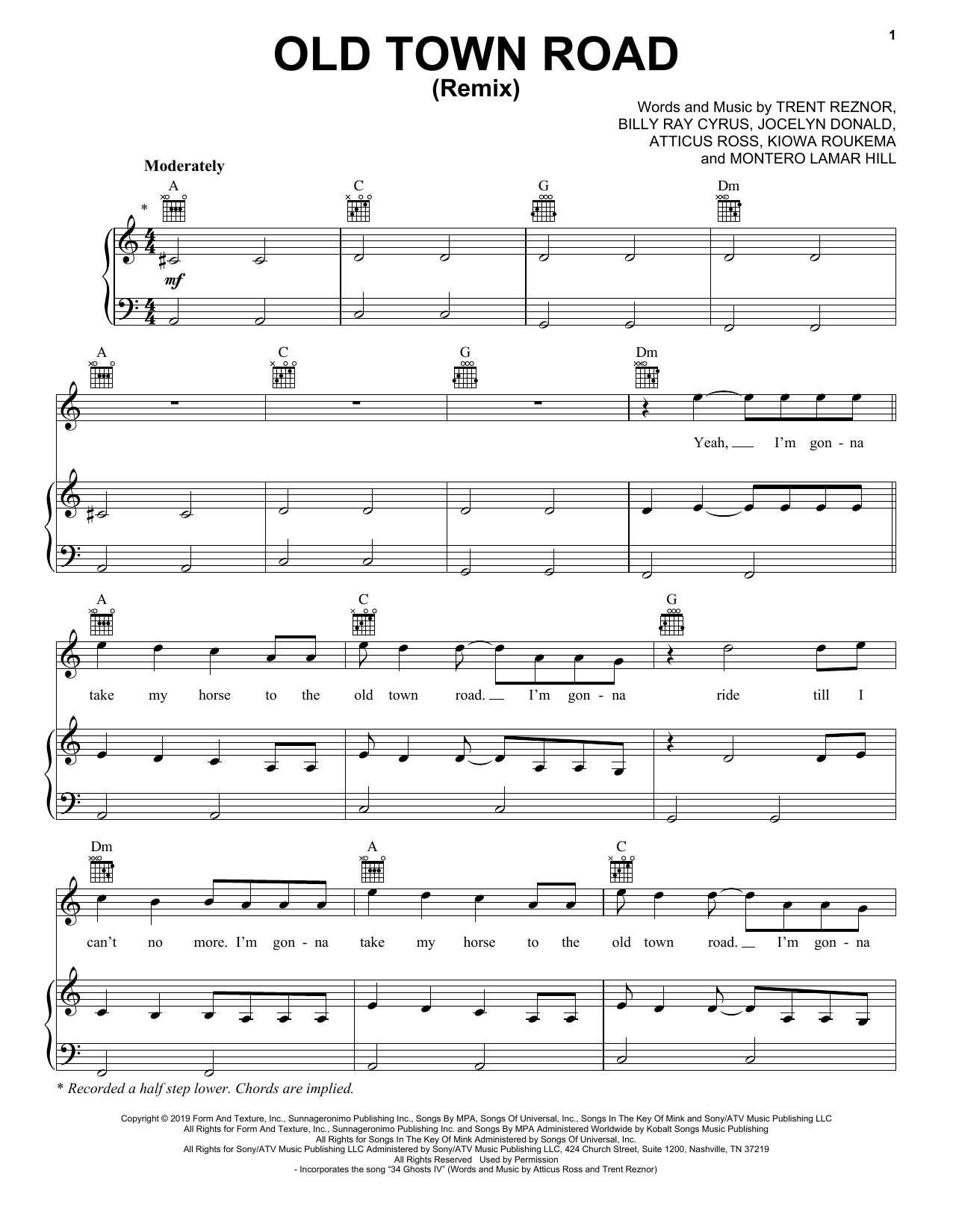 Lil Nas X feat. Billy Ray Cyrus Old Town Road (Remix) sheet music notes and chords arranged for Big Note Piano