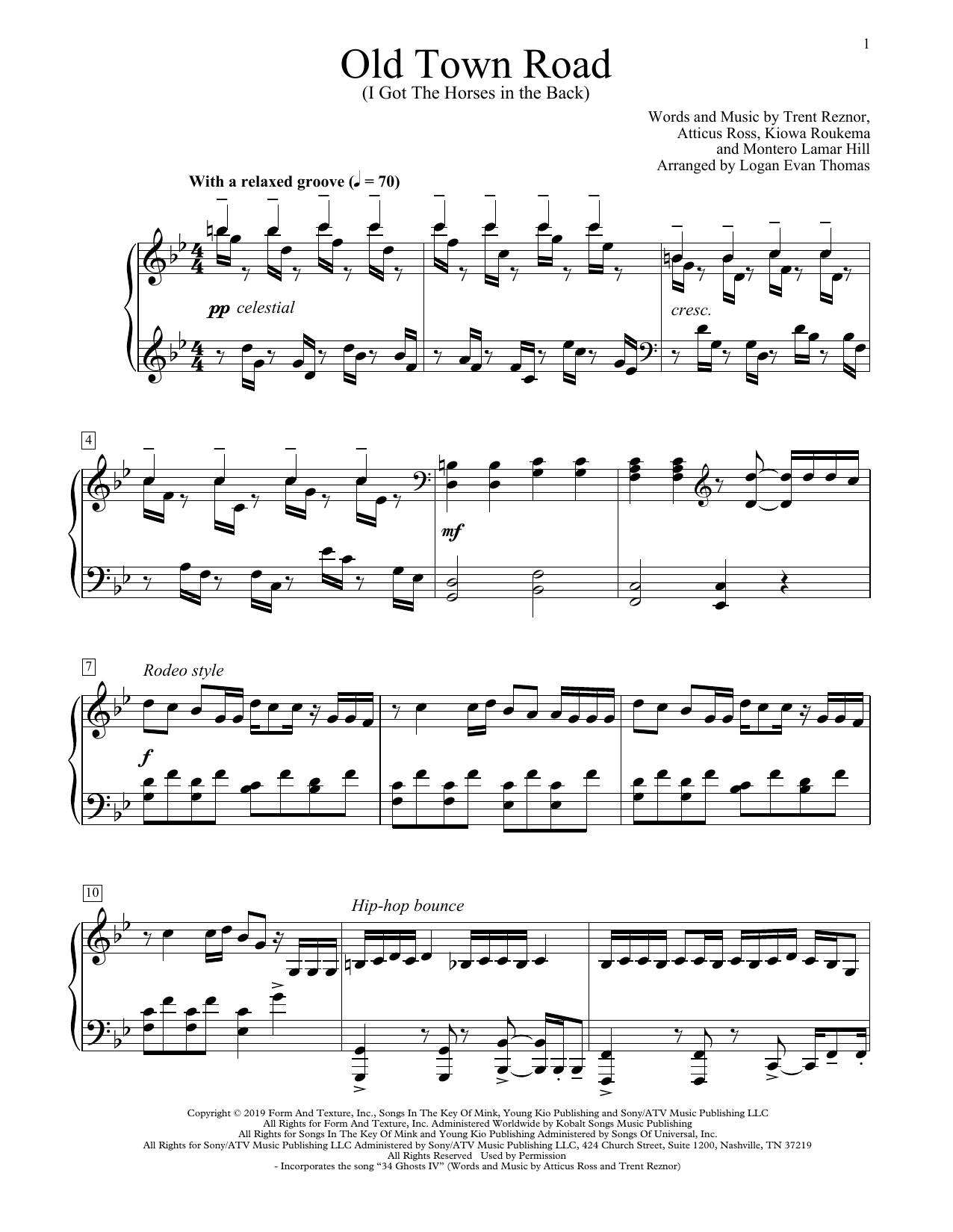 Lil Nas X Old Town Road (I Got The Horses In The Back) (arr. Logan Evan Thomas) sheet music notes and chords arranged for Educational Piano