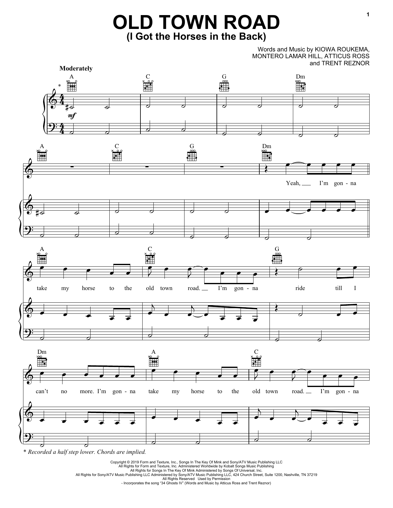 Lil Nas X Old Town Road (I Got The Horses In The Back) sheet music notes and chords arranged for Piano, Vocal & Guitar Chords (Right-Hand Melody)