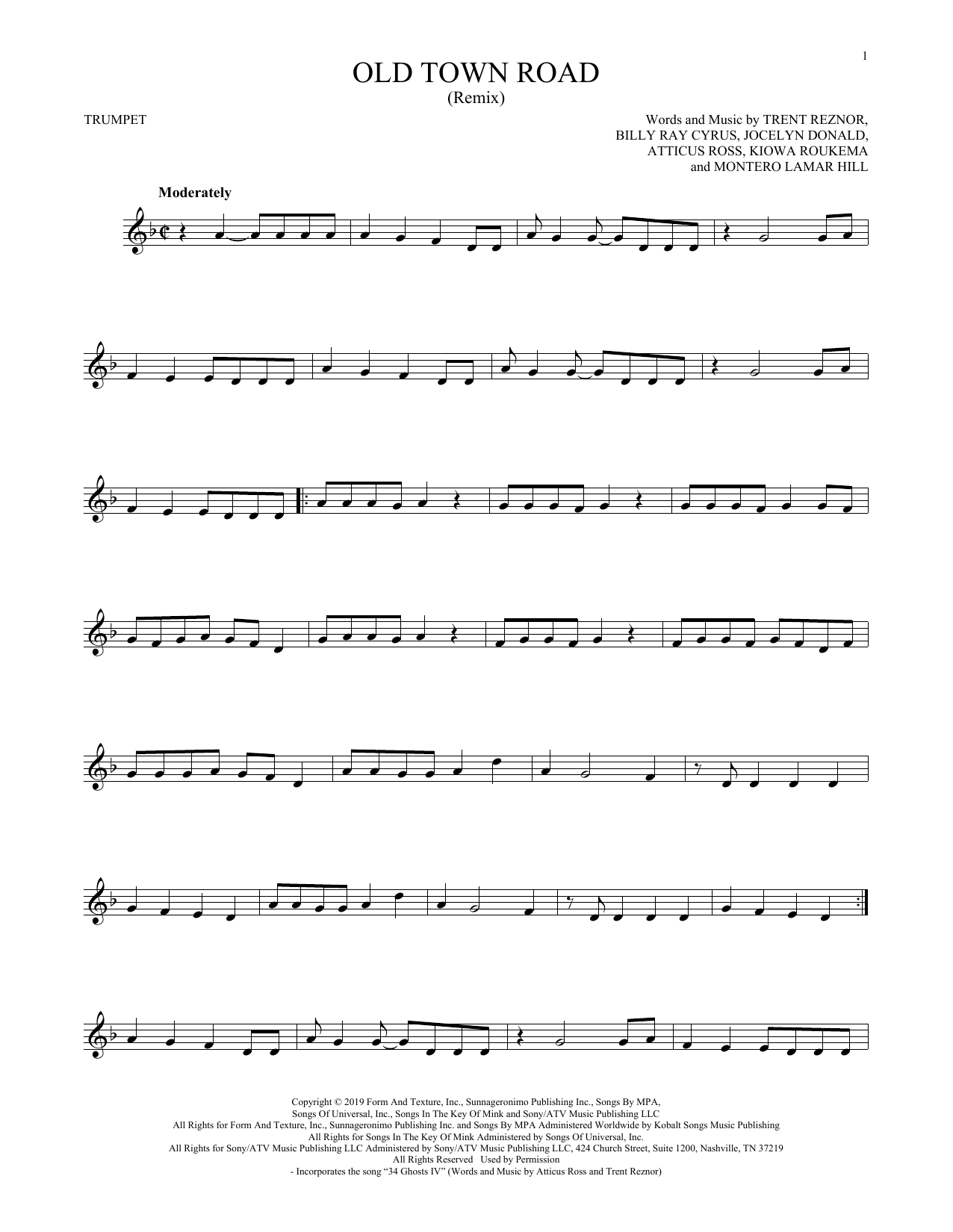Lil Nas X feat. Billy Ray Cyrus Old Town Road (Remix) sheet music notes and chords arranged for Trumpet Solo