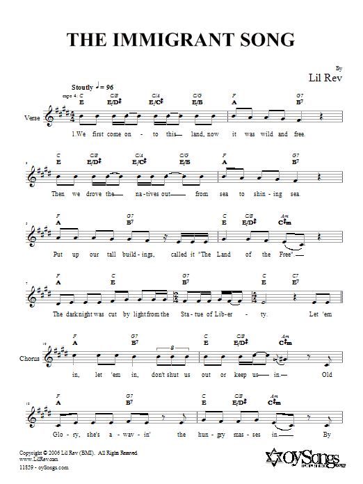Lil Rev The Immigrant Song sheet music notes and chords arranged for Lead Sheet / Fake Book