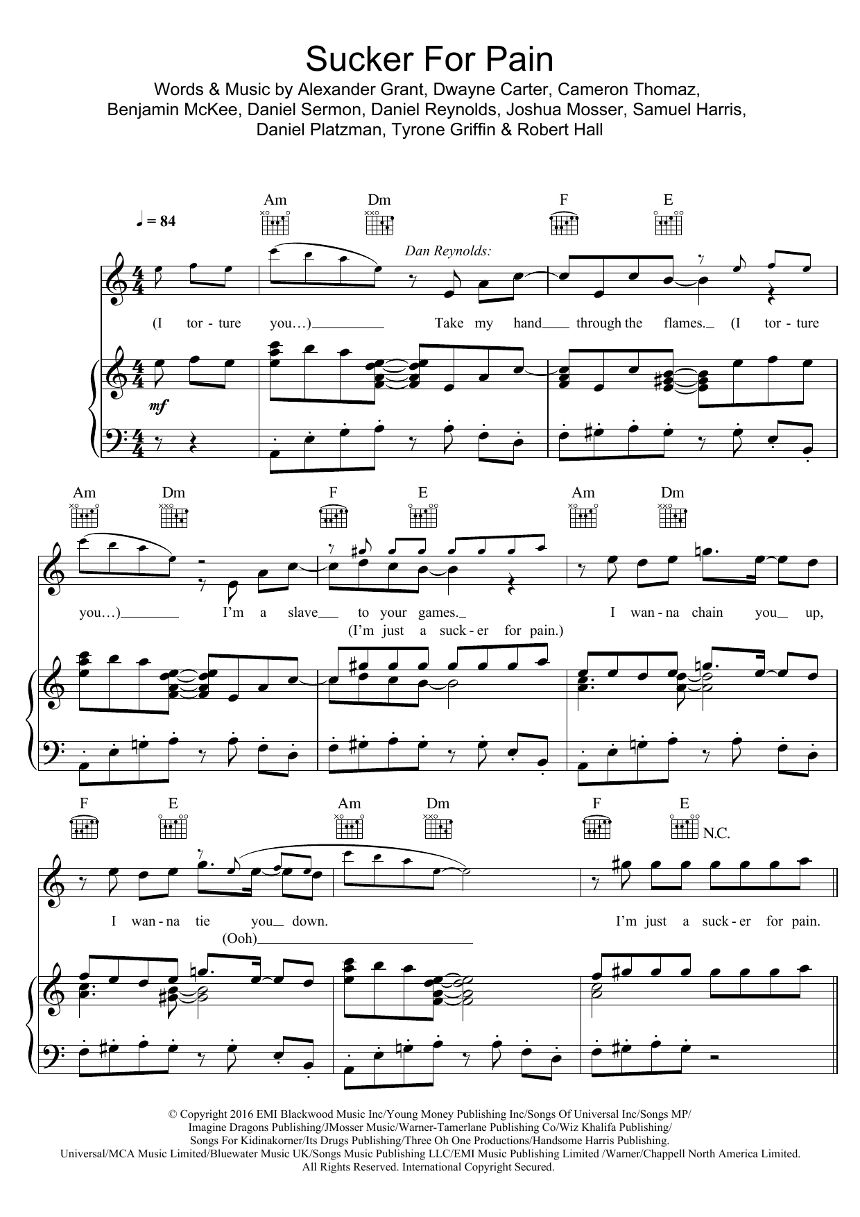 Lil Wayne, Wiz Khalifa & Imagine Dragons Sucker For Pain (featuring X Ambassadors) sheet music notes and chords arranged for Piano, Vocal & Guitar Chords