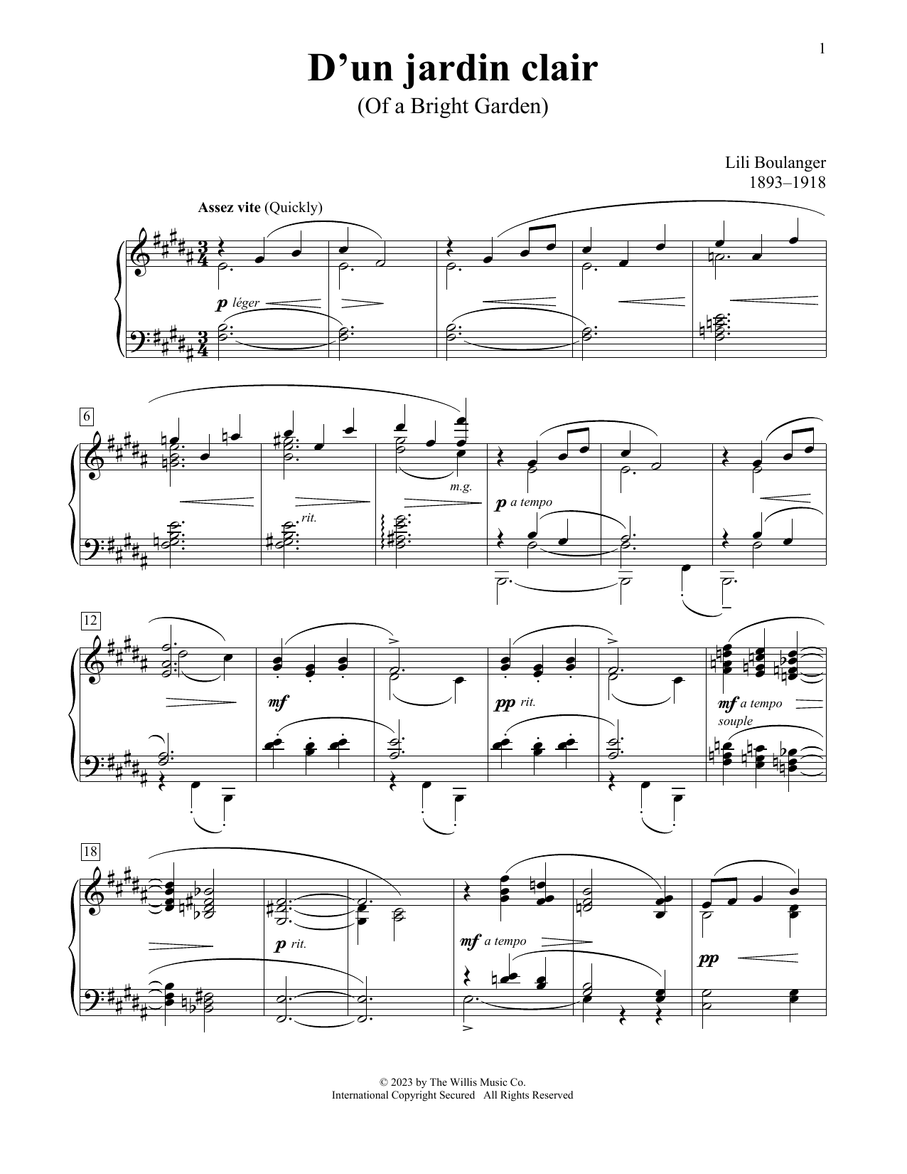Lili Boulanger D'un Jardin Clair sheet music notes and chords arranged for Educational Piano