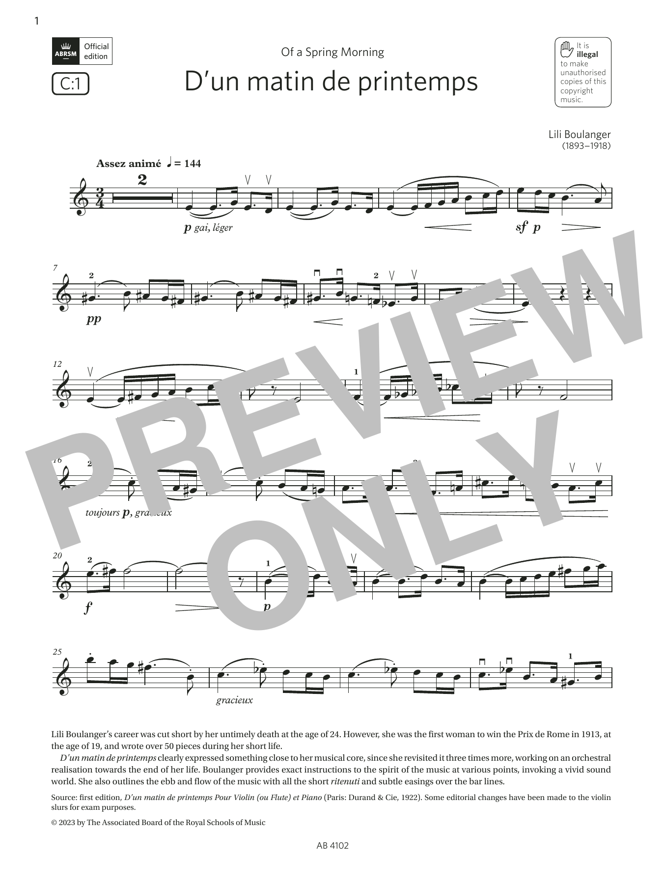 Lili Boulanger D'un matin de printemps (Grade 8, C1, from the ABRSM Violin Syllabus from 2024) sheet music notes and chords arranged for Violin Solo