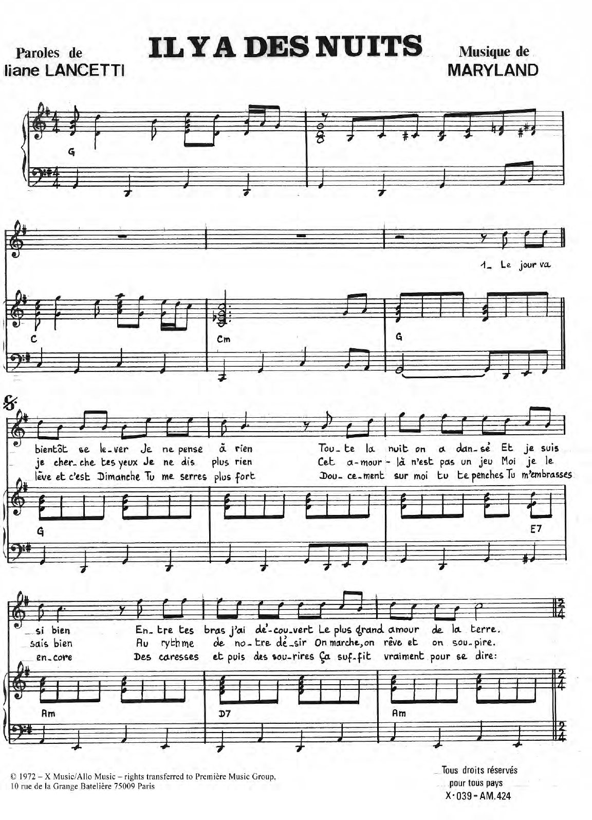 Liliane Lancetti Il y a Des Nuits sheet music notes and chords arranged for Piano & Vocal