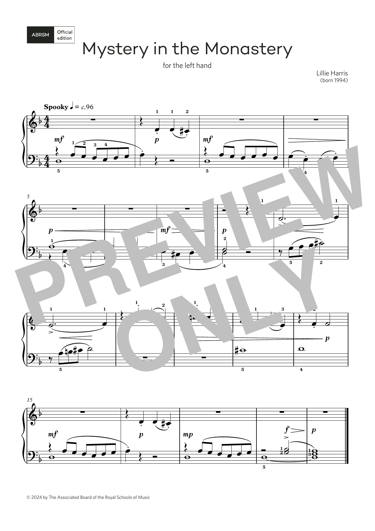 Lillie Harris Mystery in the Monastery: for left hand only (Grade 1, list C, ABRSM Piano Syllabus 2025 & 2026) sheet music notes and chords arranged for Piano Solo