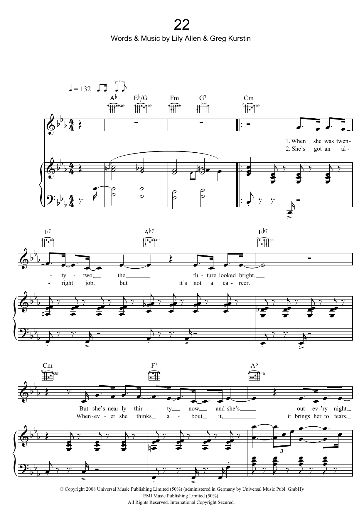 Lily Allen 22 sheet music notes and chords arranged for Piano, Vocal & Guitar Chords