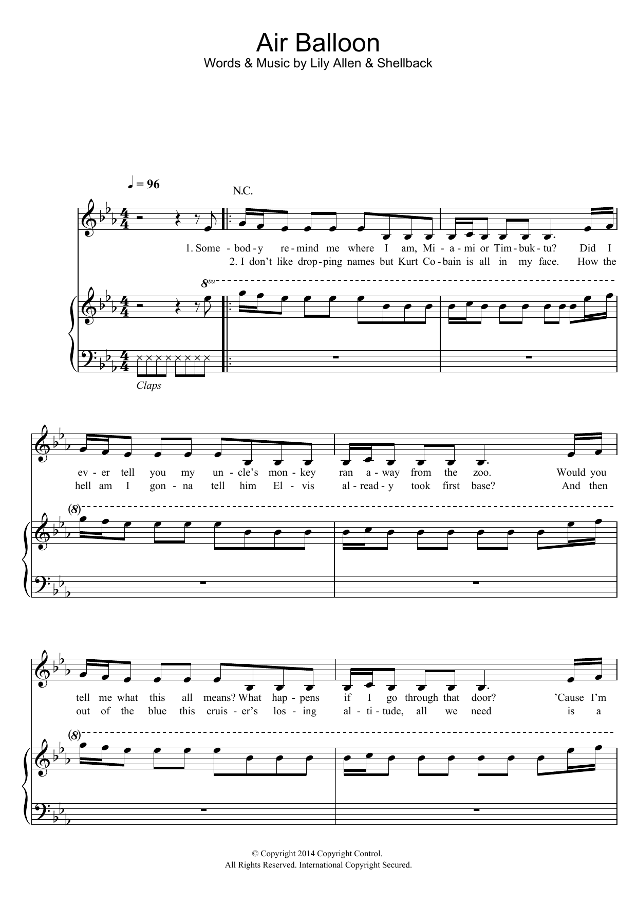 Lily Allen Air Balloon sheet music notes and chords arranged for Piano, Vocal & Guitar Chords