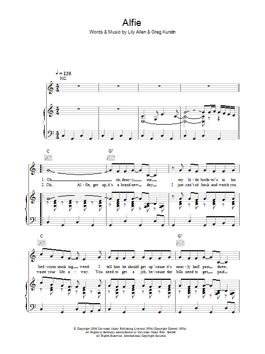 Lily Allen Alfie sheet music notes and chords arranged for Piano, Vocal & Guitar Chords
